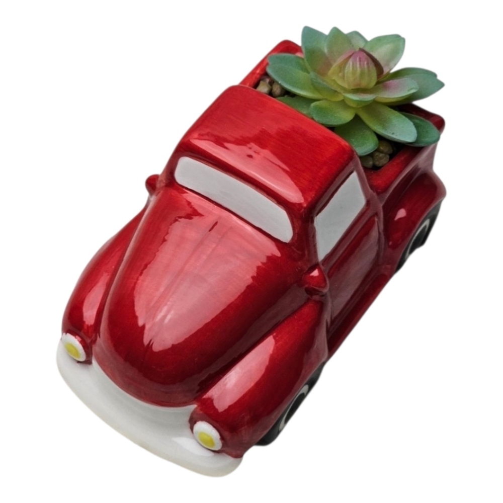 Red pick up truck with succulent plant